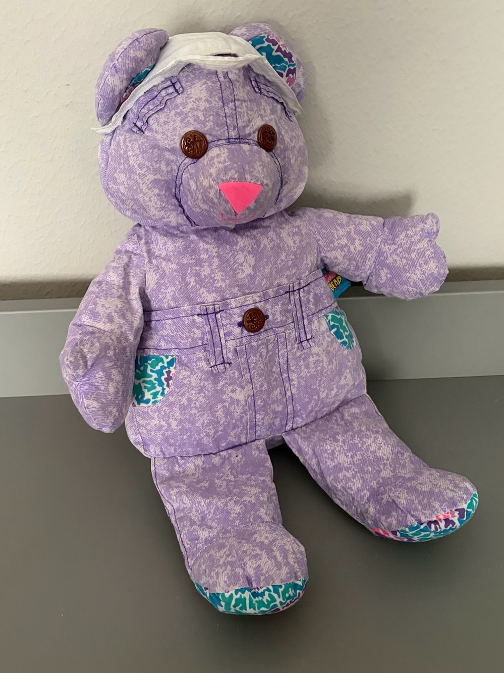 Doodle Bear Tie Dye Plush Purple Bear w/ Backwards White Hat Y2K 90’s VTG Toy